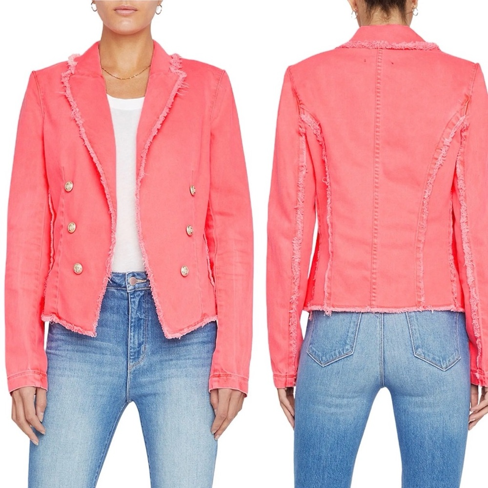 L’Agence Wayne Denim Crop Fray Double Breasted Jacket In Neon Coral Size XS NWOT